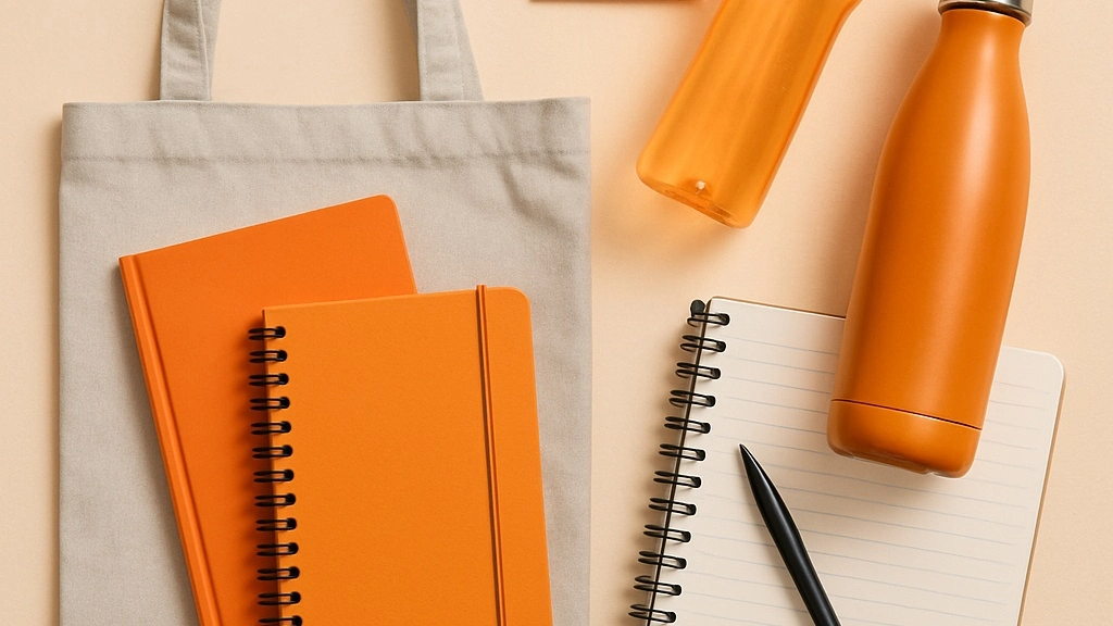 orange, gray and white promotional products like tote bags, water bottles, pens, notebooks